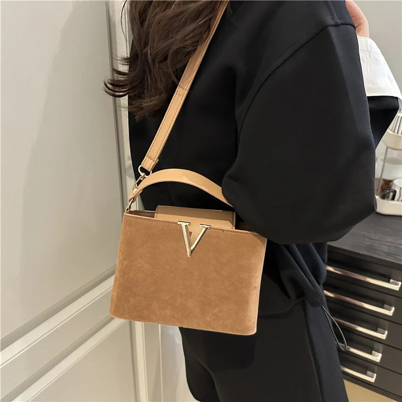 Fashionable Mini Suede Women's Bag, Faux Suede Tote Bag, Hardware Lock Buckle Decoration Handbag Purse Shoulder Cross Body Bags