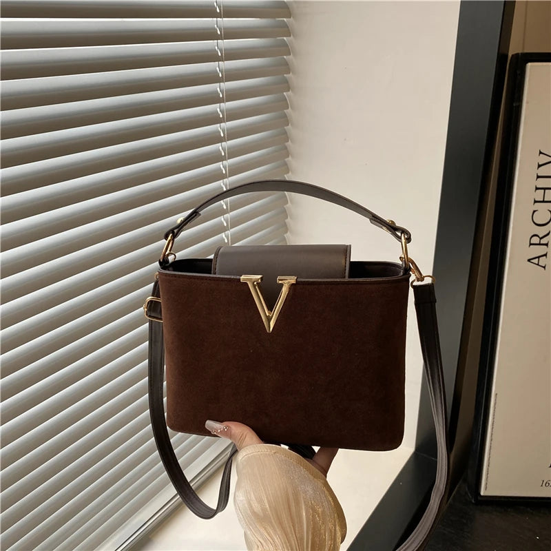 Fashionable Mini Suede Women's Bag, Faux Suede Tote Bag, Hardware Lock Buckle Decoration Handbag Purse Shoulder Cross Body Bags