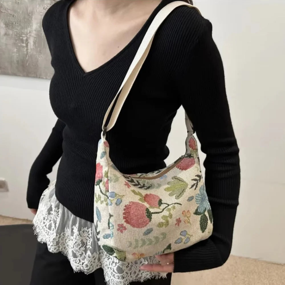 Vintage Literary Prints New Women's Bags Versatile Large Capacity Casual Simple Elegant Shoulder Crossbody Bag for Woman
